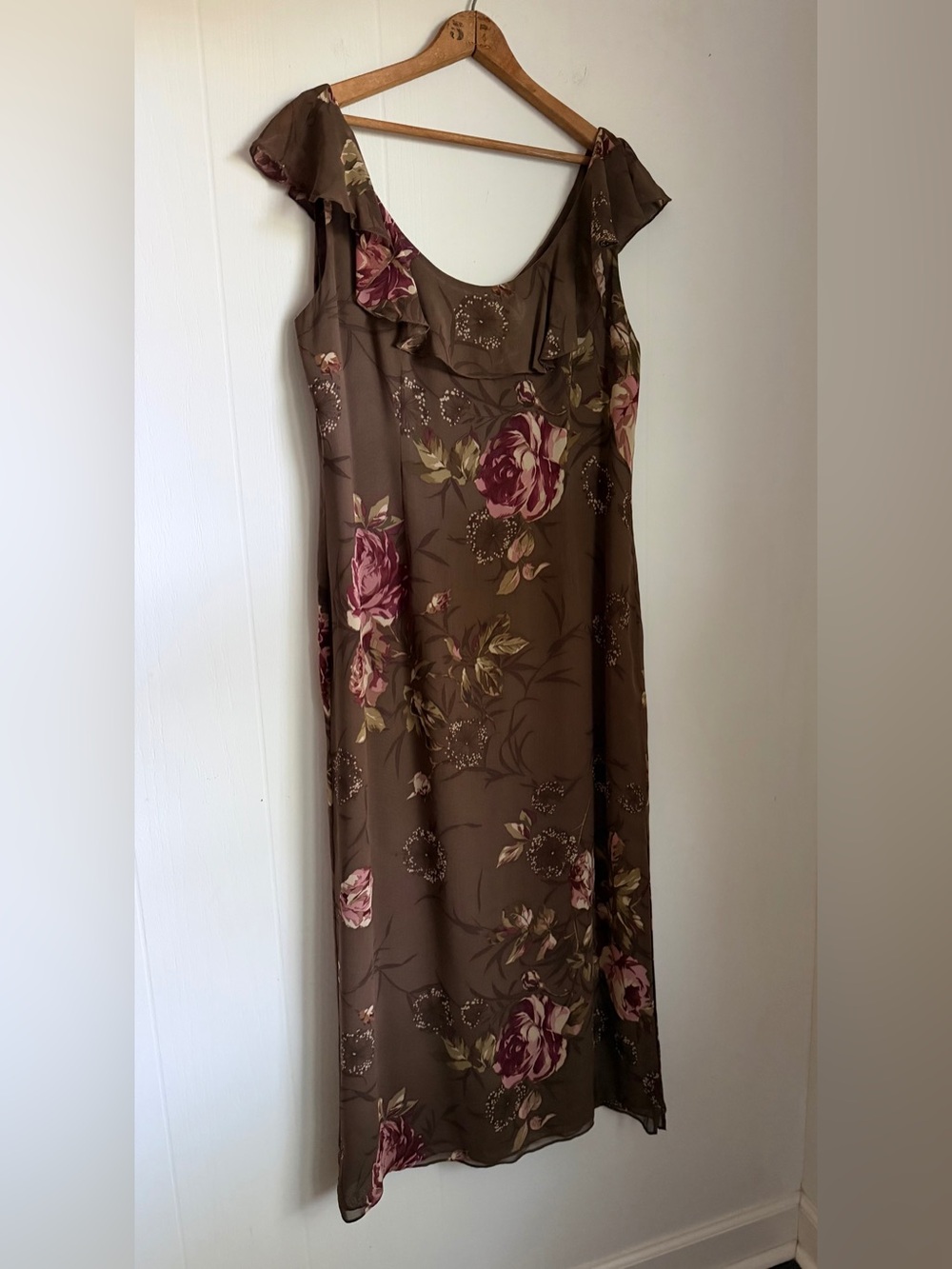 Morell Maxie Floral Column Dress Brown Pink Silk 14 Ruffle Sleeveless Y2K Fairy